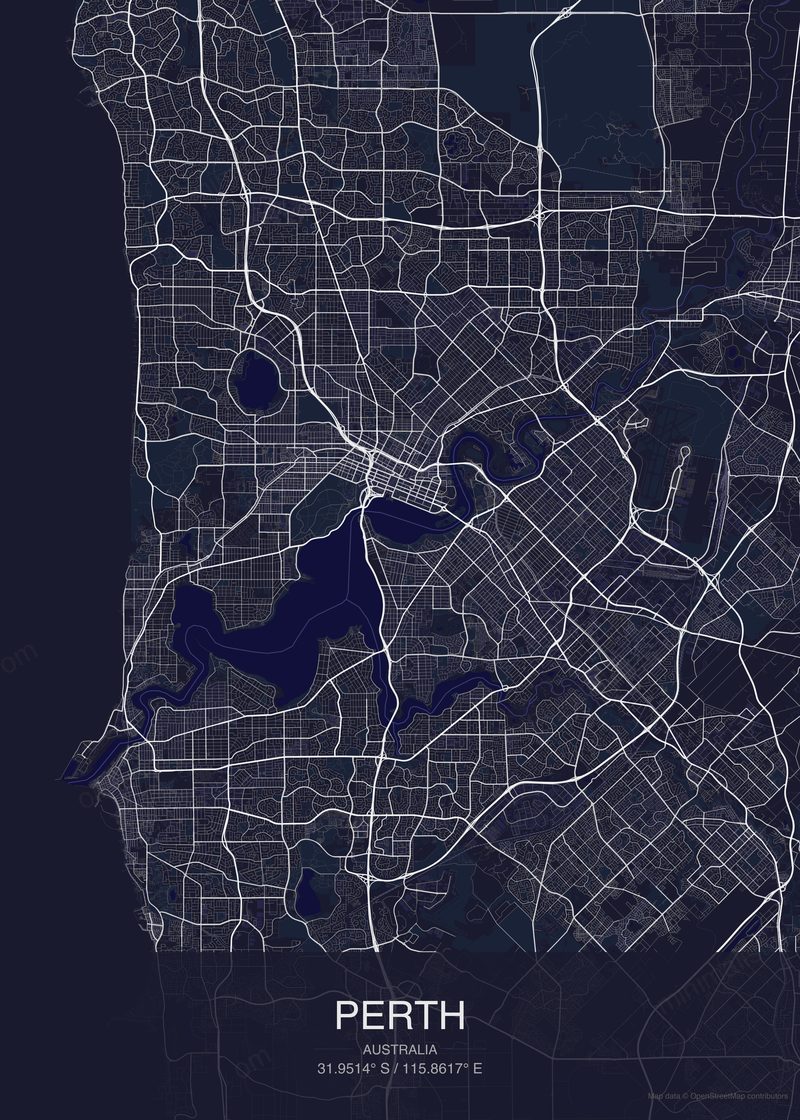Perth map poster dark style - minimalist navy city map