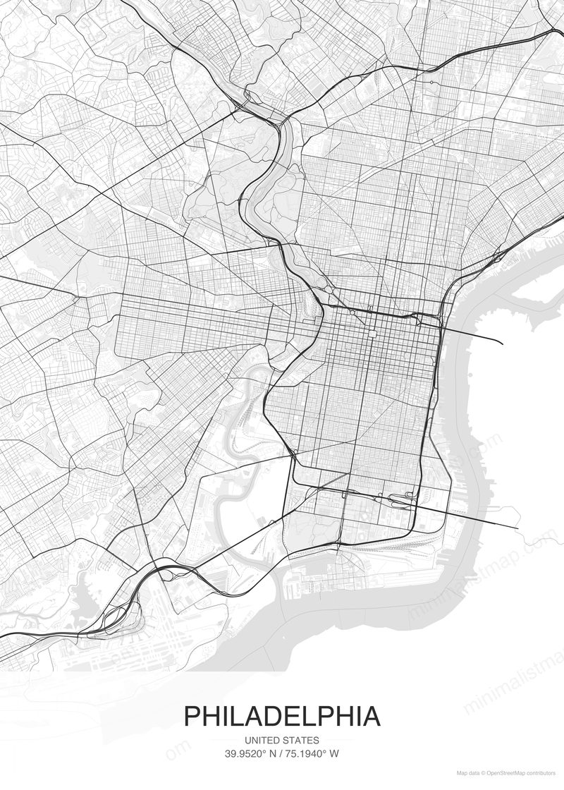 Philadelphia map poster classic style - minimalist black and white city map