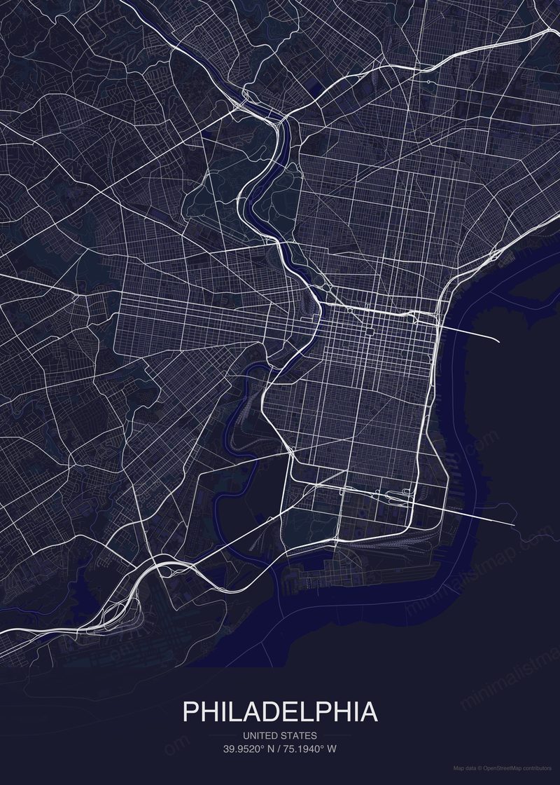 Philadelphia map poster dark style - minimalist navy city map