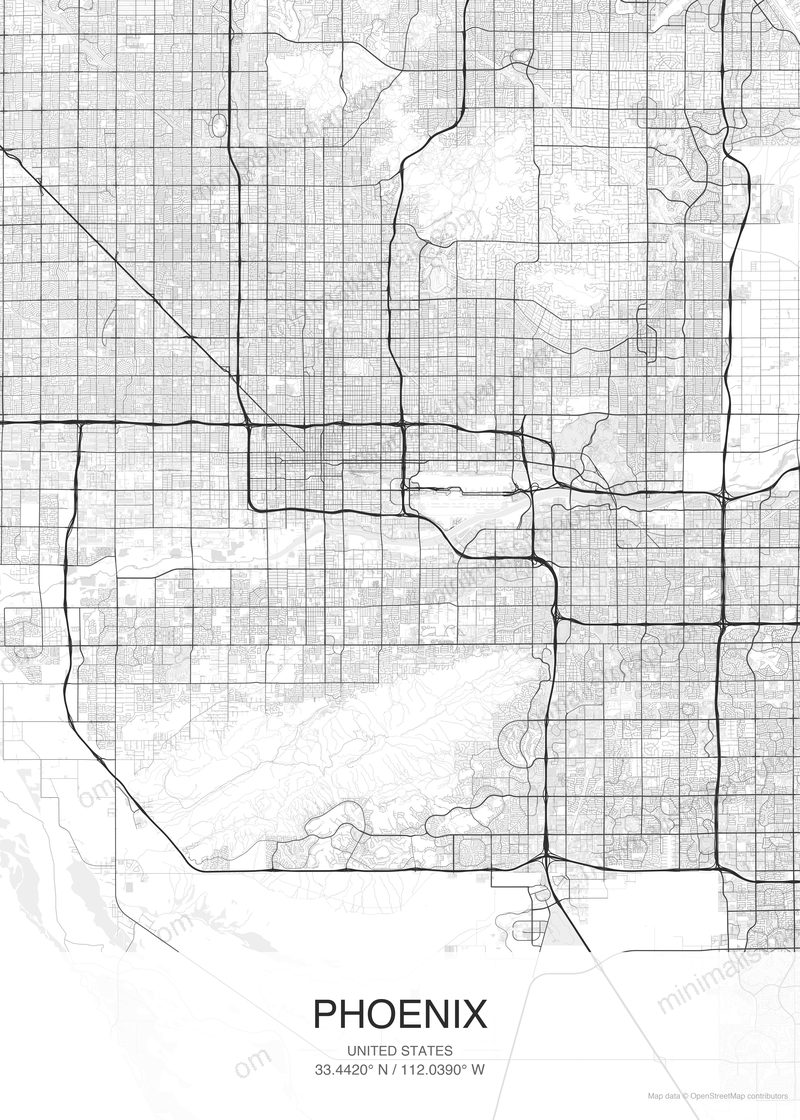 Phoenix map poster classic style - minimalist black and white city map