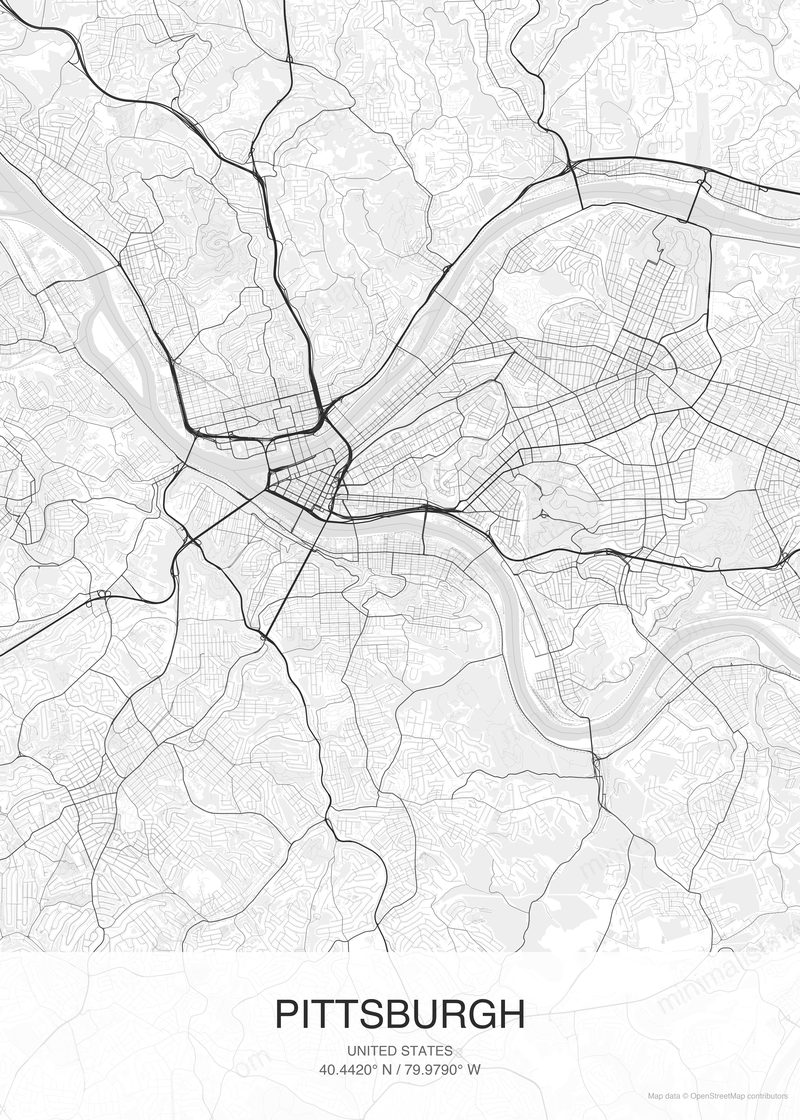 Pittsburgh map poster classic style - minimalist black and white city map