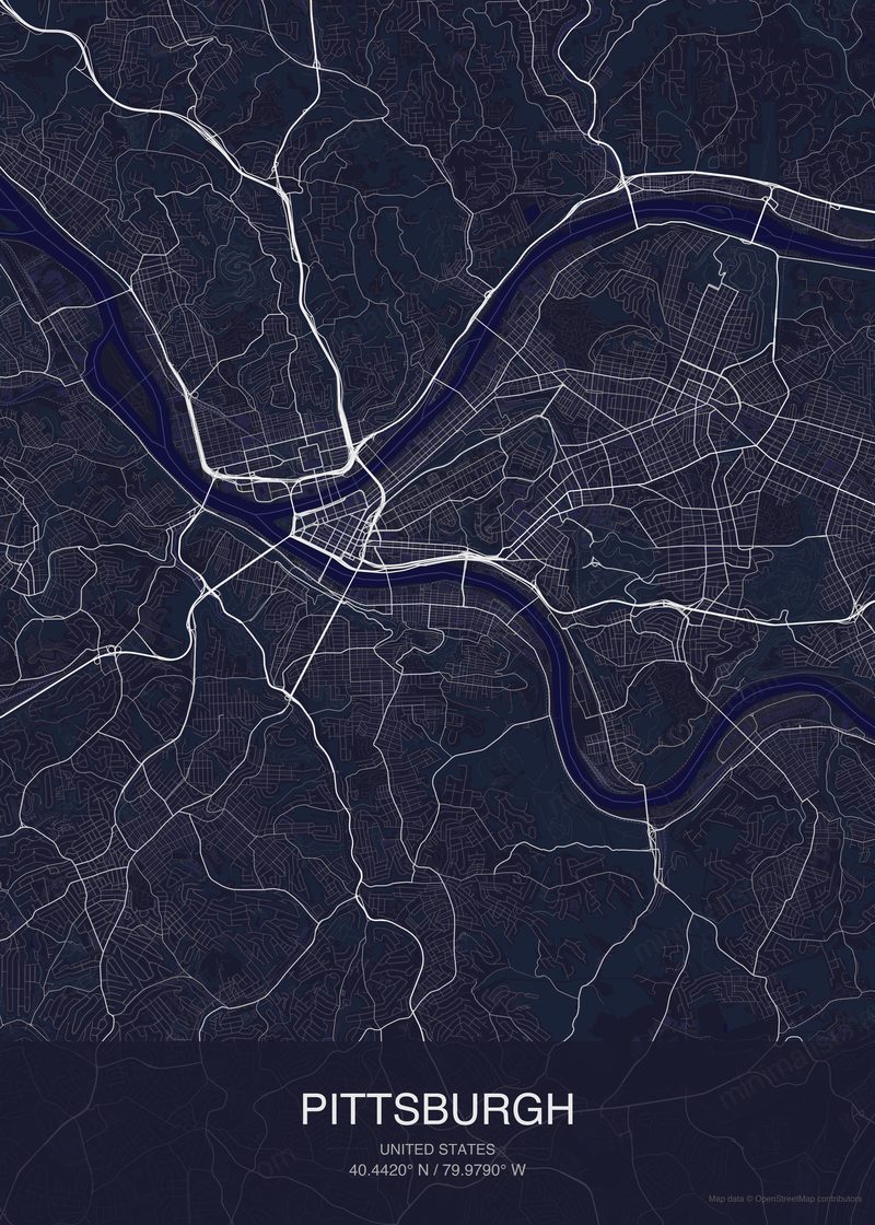 Pittsburgh map poster dark style - minimalist navy city map