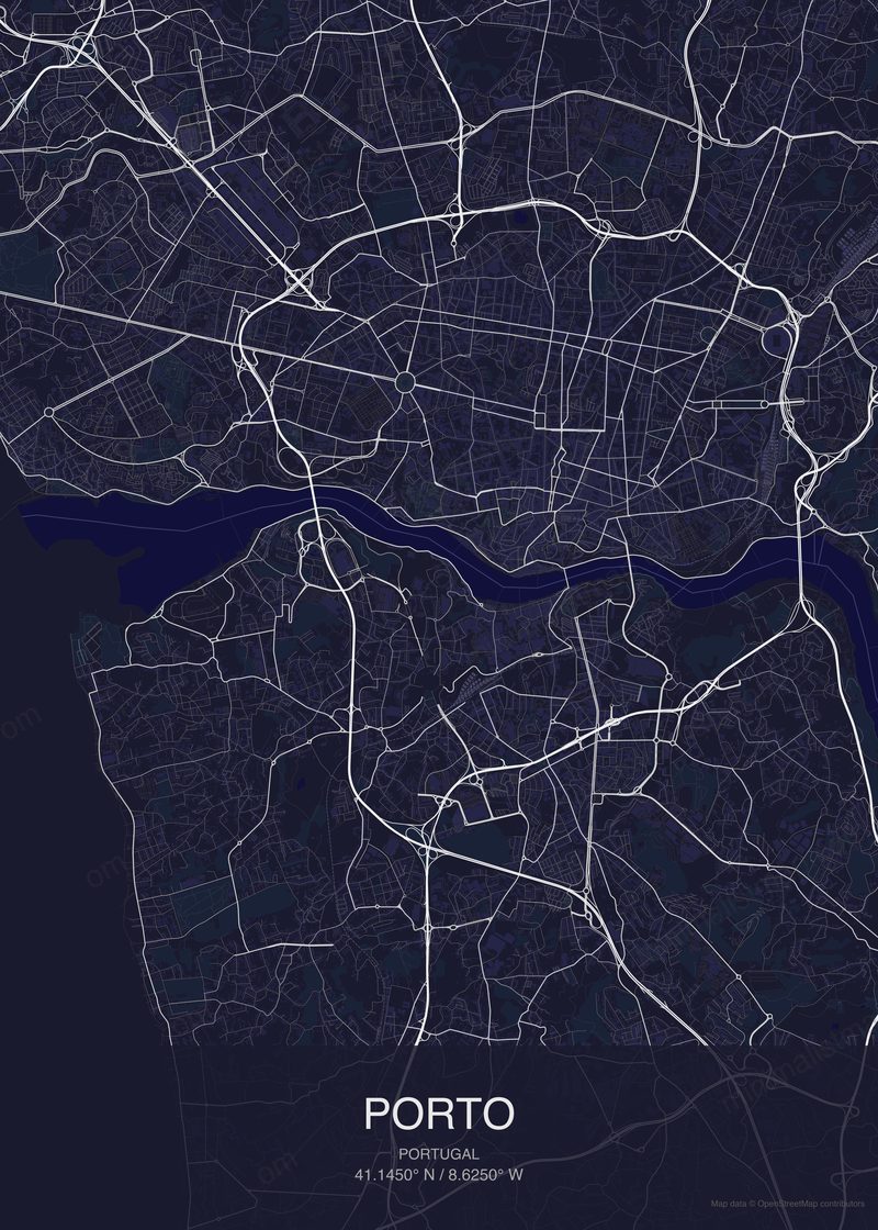 Porto map poster dark style - minimalist navy city map