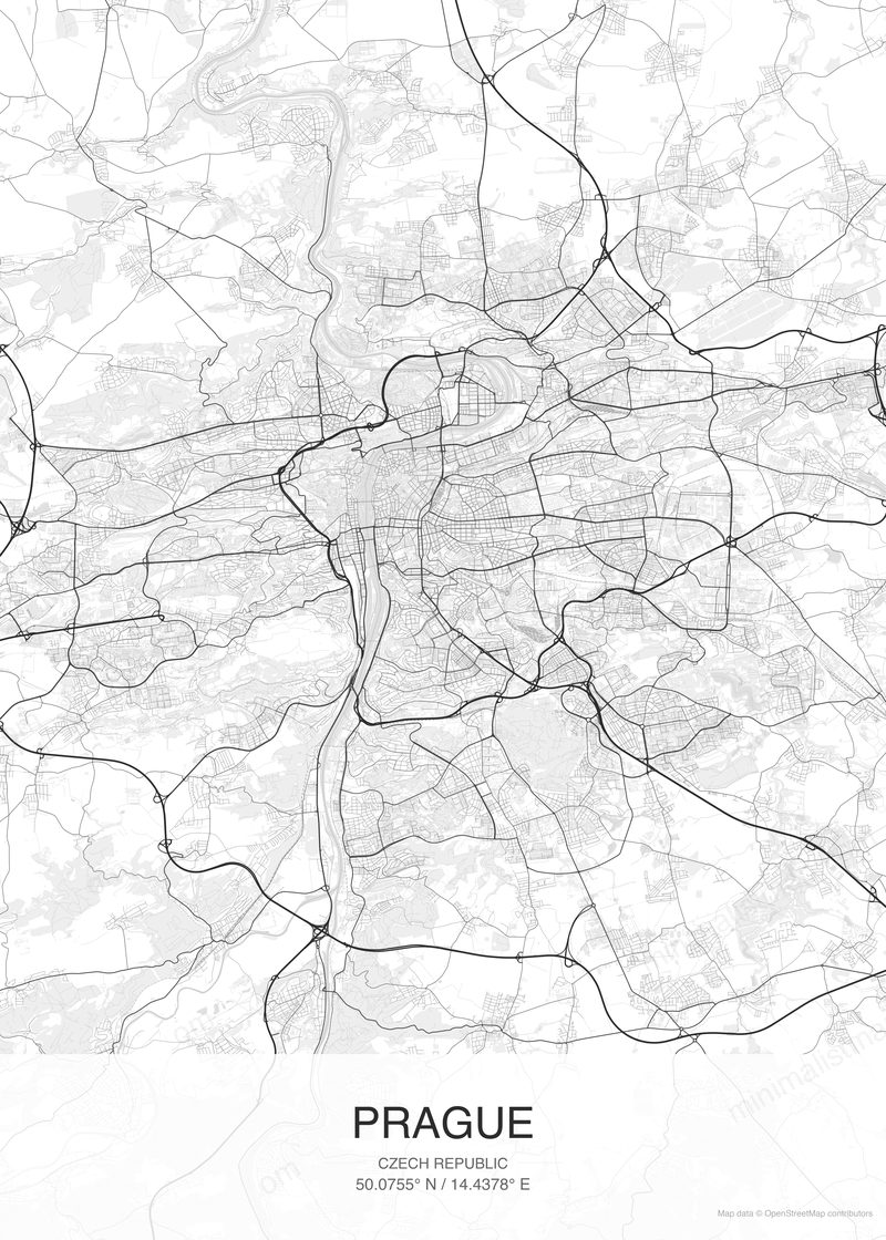 Prague map poster classic style - minimalist black and white city map