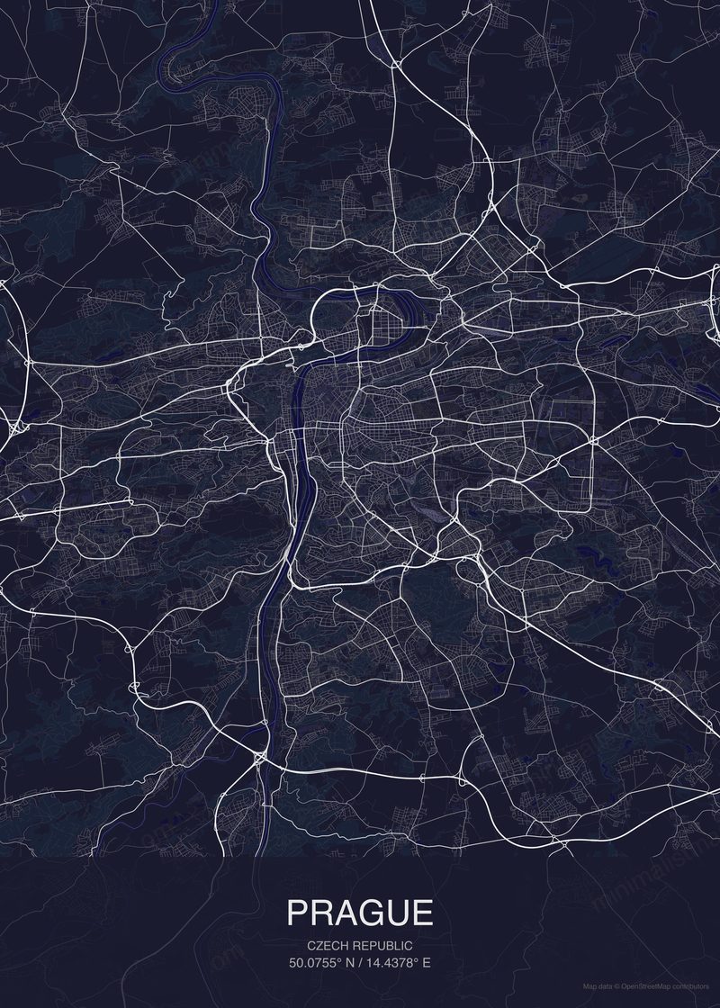 Prague map poster dark style - minimalist navy city map