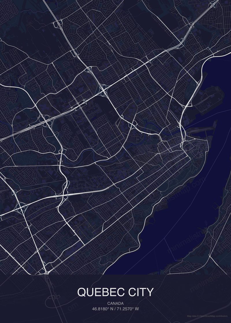 Quebec City map poster dark style - minimalist navy city map