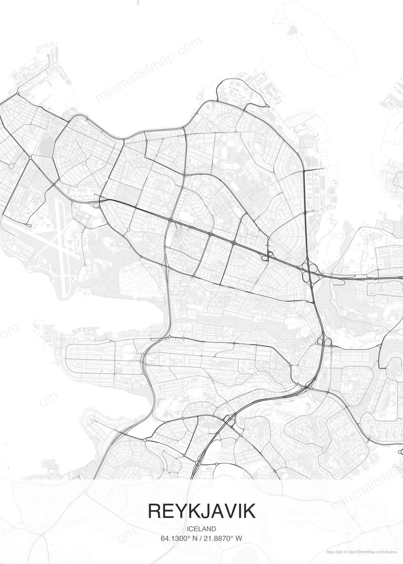 Reykjavik map poster classic style - minimalist black and white city map