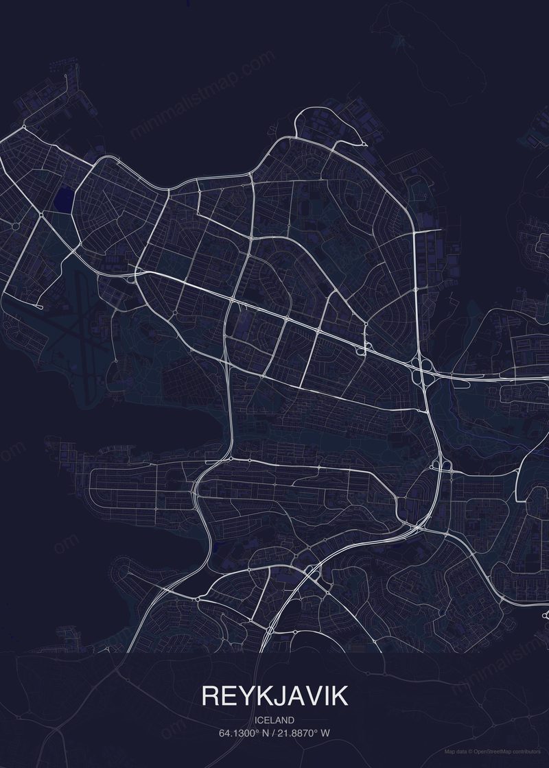 Reykjavik map poster dark style - minimalist navy city map