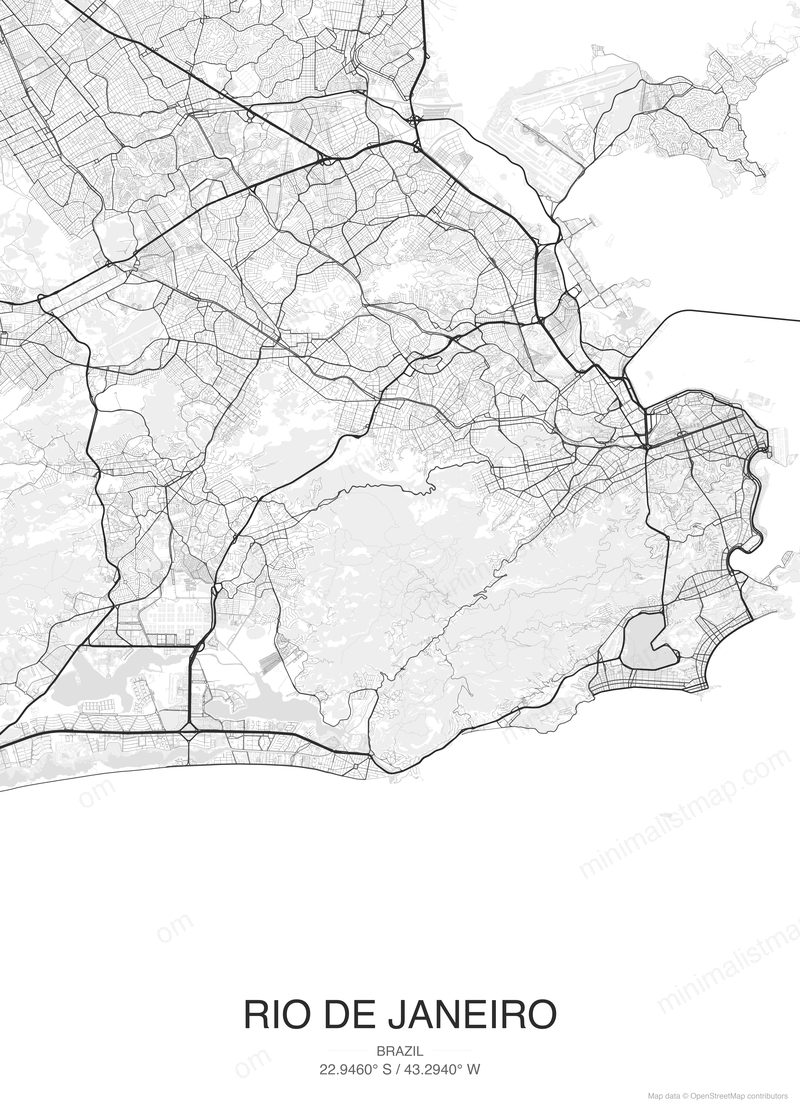 Rio de Janeiro map poster classic style - minimalist black and white city map