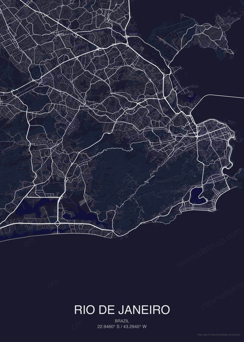 Rio de Janeiro map poster dark style - minimalist navy city map