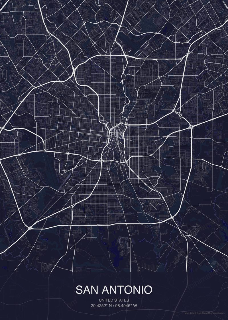 San Antonio map poster dark style - minimalist navy city map