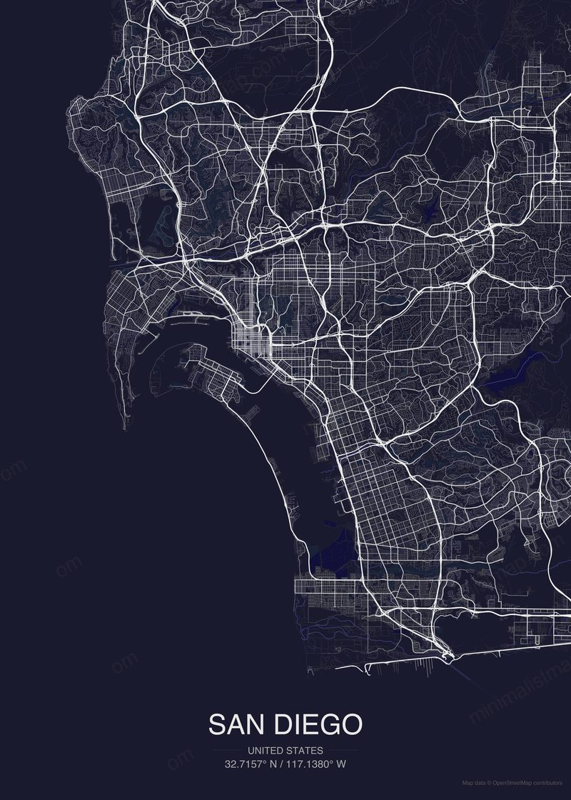 San Diego map poster dark style - minimalist navy city map