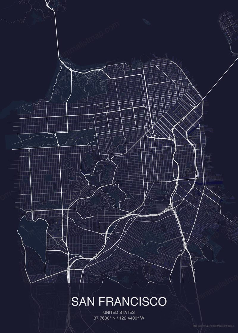 San Francisco map poster dark style - minimalist navy city map