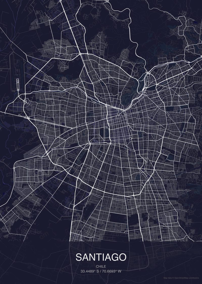Santiago map poster dark style - minimalist navy city map