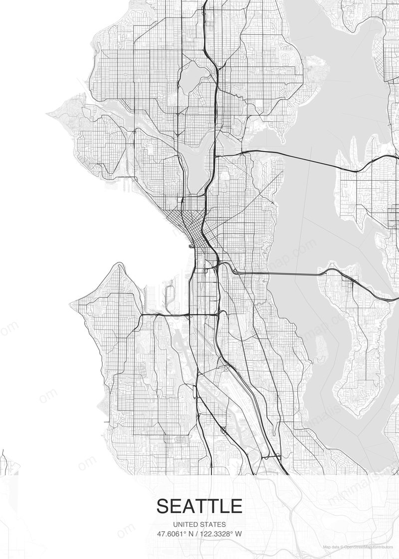 Seattle map poster classic style - minimalist black and white city map
