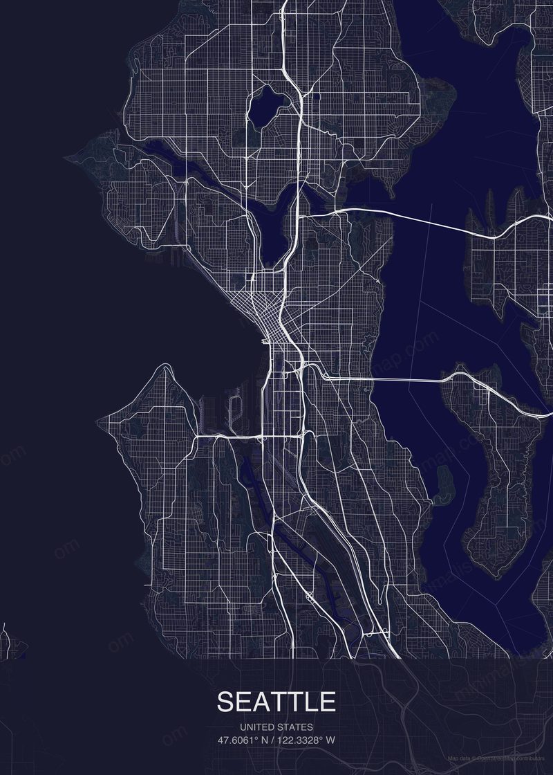 Seattle map poster dark style - minimalist navy city map