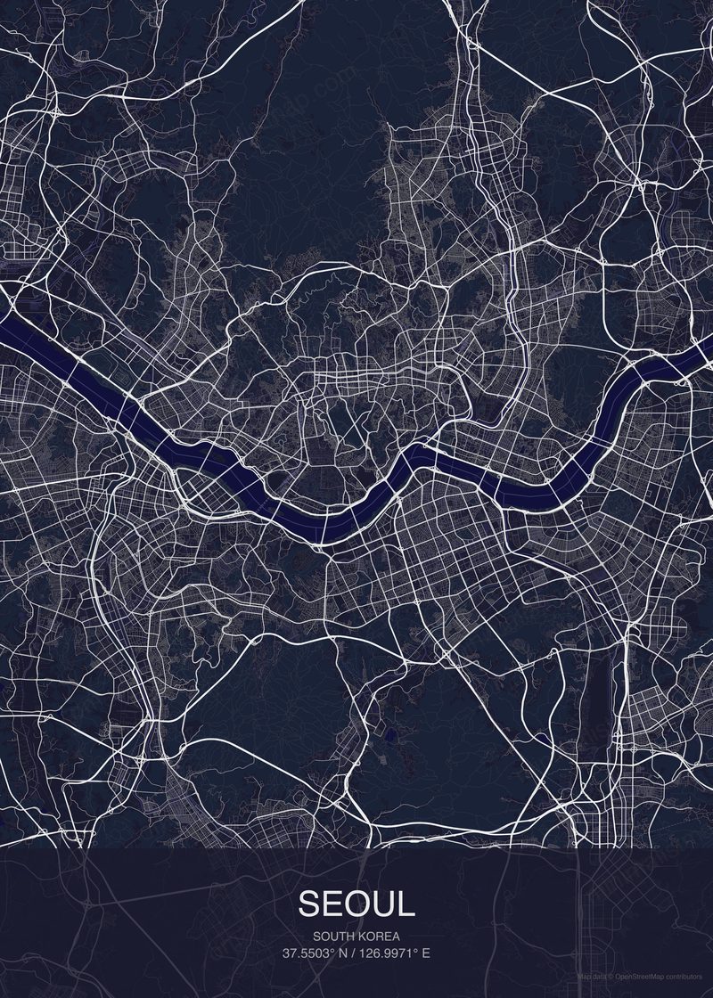 Seoul map poster dark style - minimalist navy city map