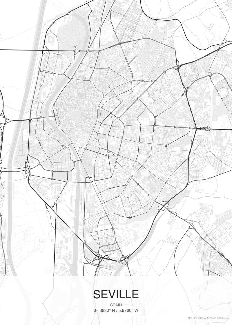 Seville map poster classic style - minimalist black and white city map