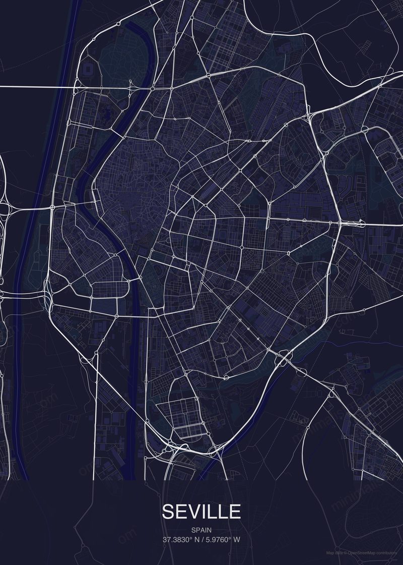Seville map poster dark style - minimalist navy city map