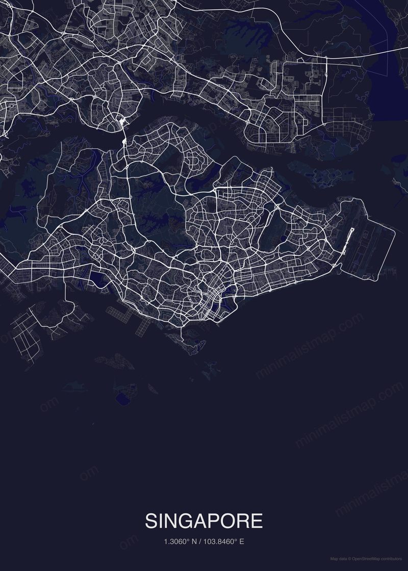 Singapore map poster dark style - minimalist navy city map