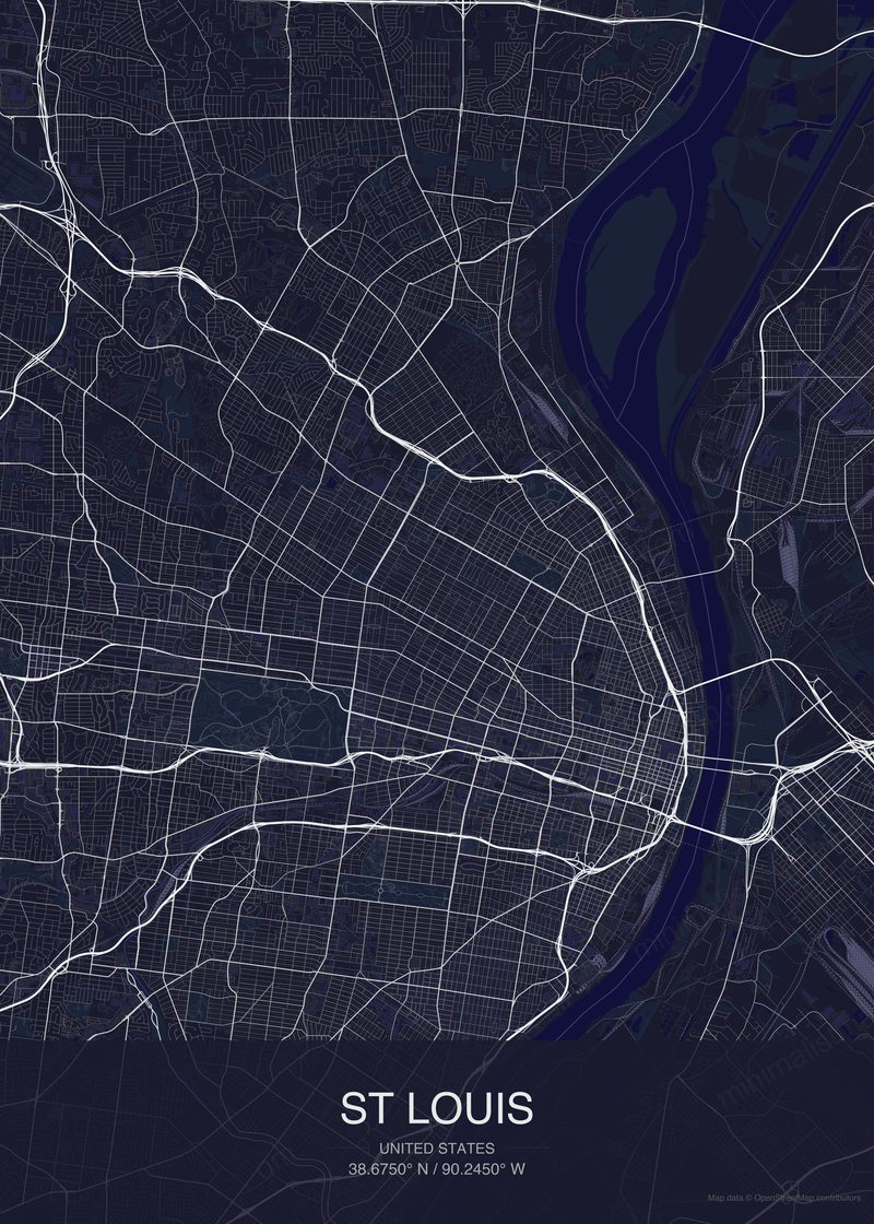 St Louis map poster dark style - minimalist navy city map