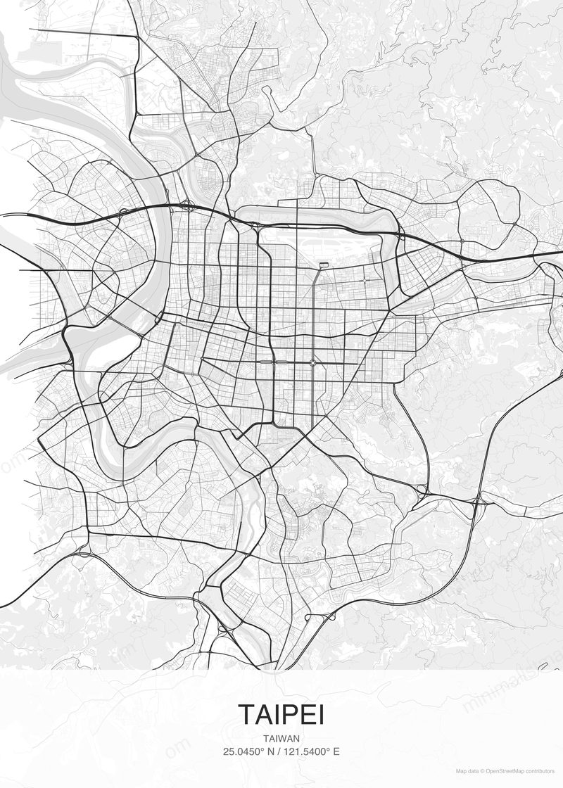 Taipei map poster classic style - minimalist black and white city map