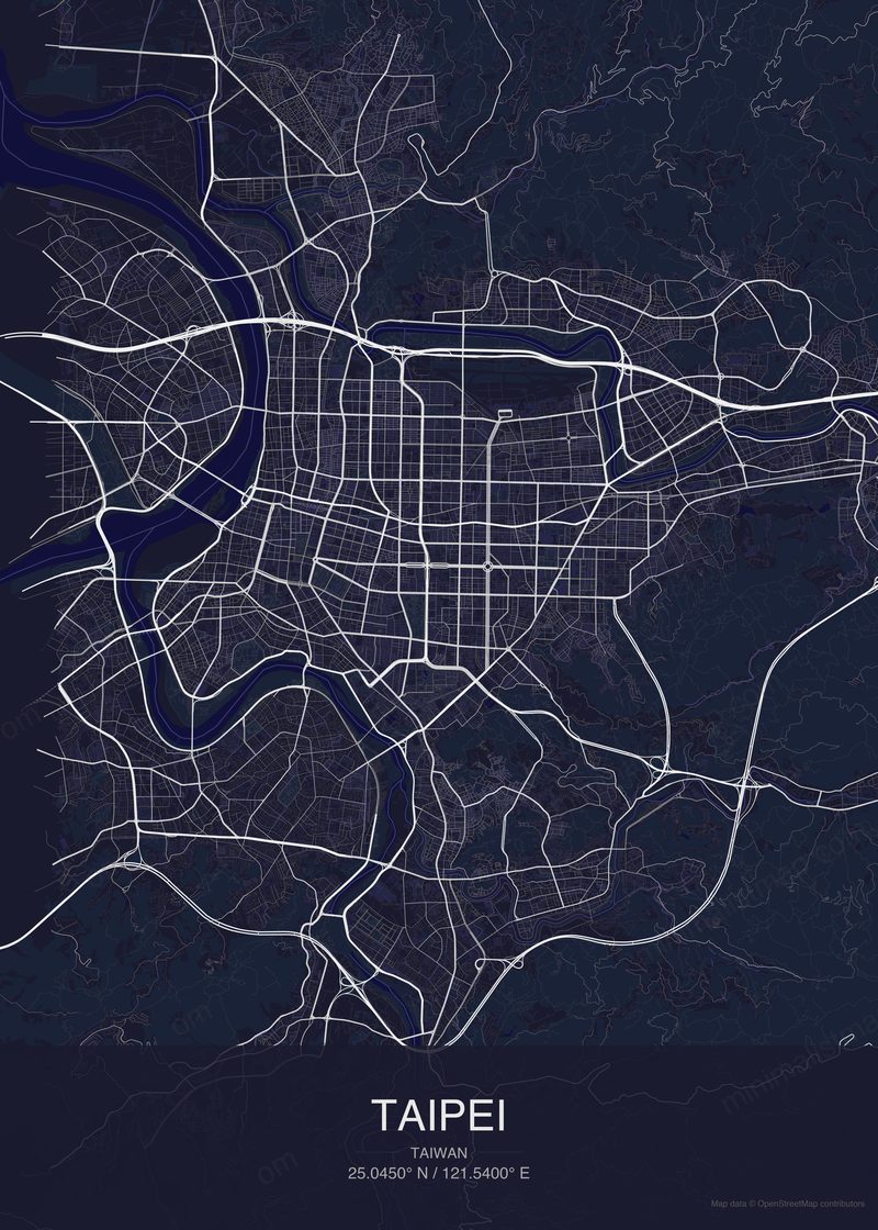 Taipei map poster dark style - minimalist navy city map