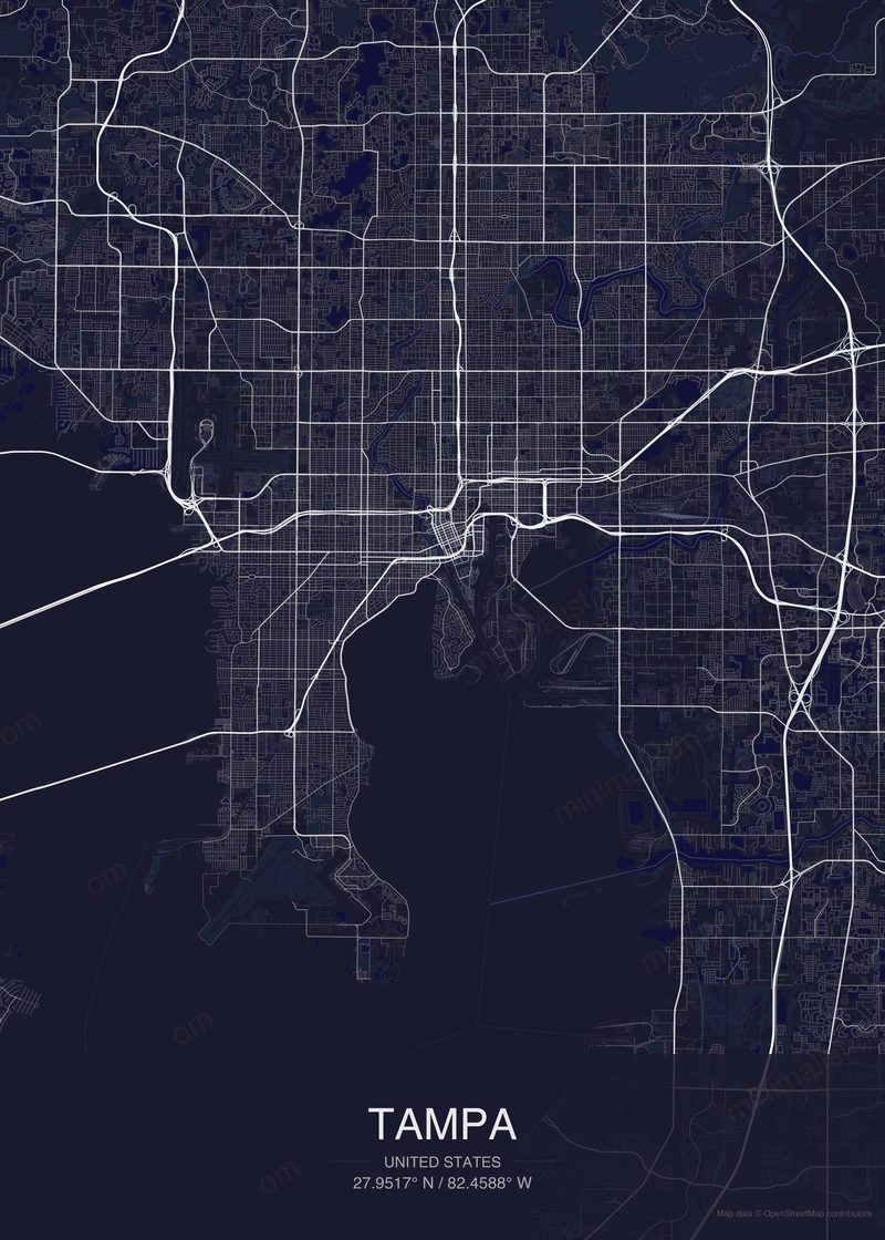 Tampa map poster dark style - minimalist navy city map