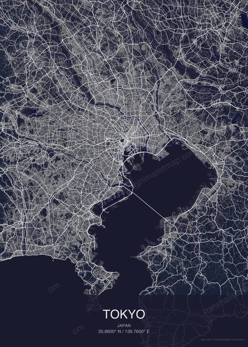 Tokyo map poster dark style - minimalist navy city map