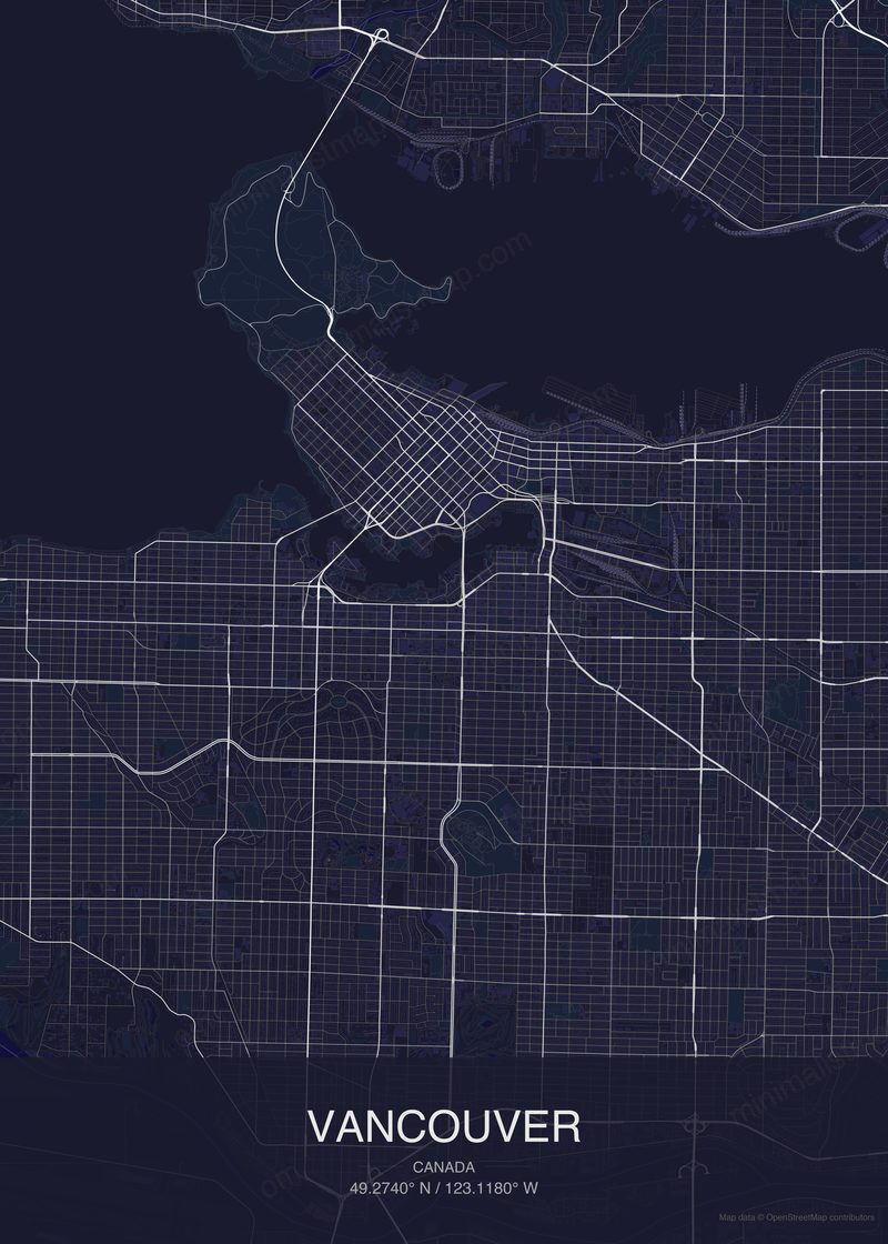 Vancouver map poster dark style - minimalist navy city map