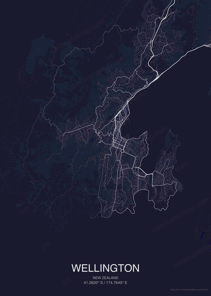Wellington map poster dark style - minimalist navy city map
