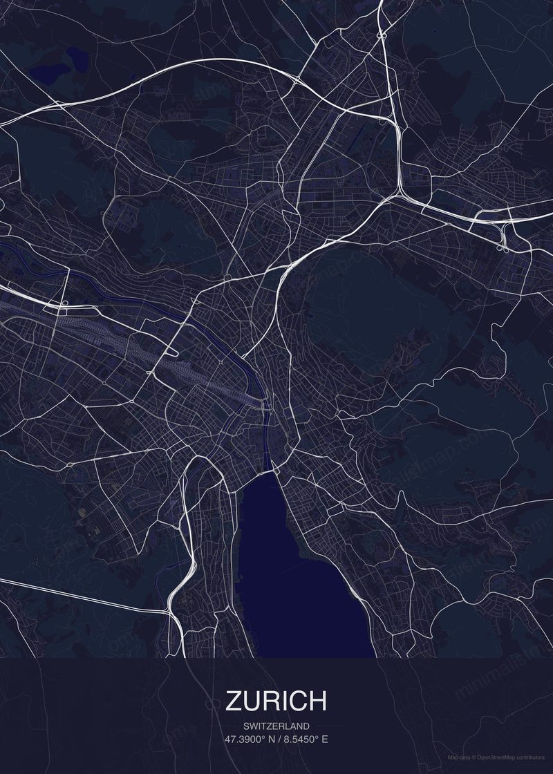 Zurich map poster dark style - minimalist navy city map