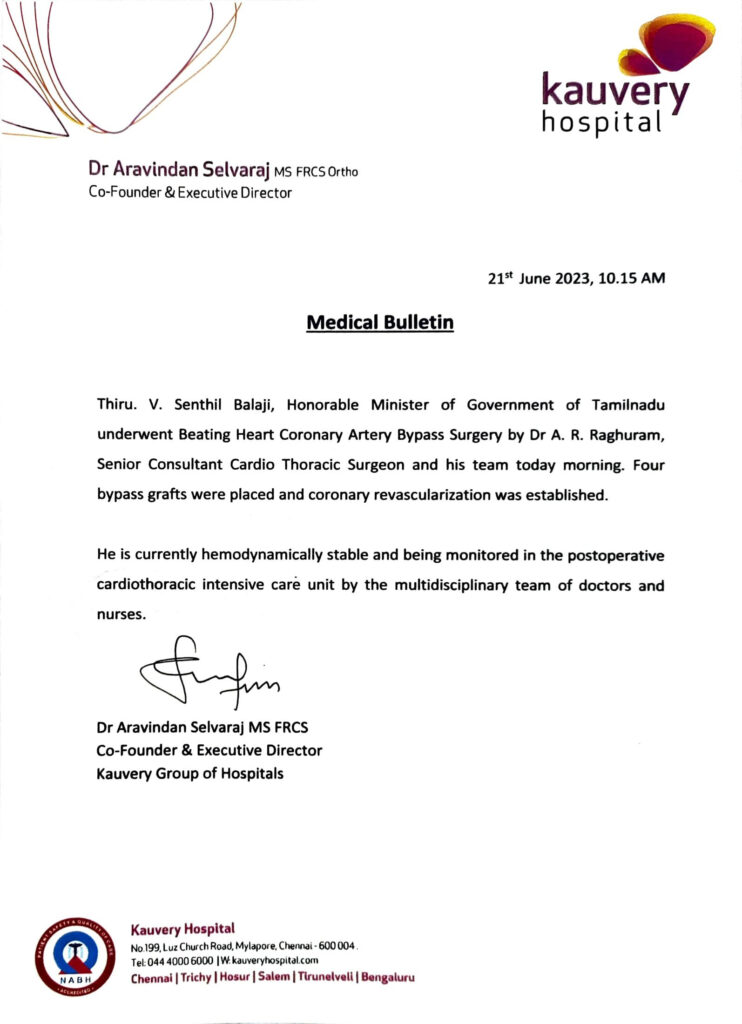 senthil balaji byepass surgery kauveri statement