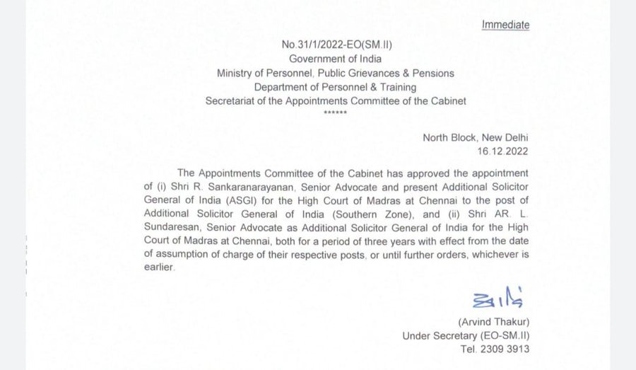 ARL Sundaresan appointed as Additional Solicitor General of hc