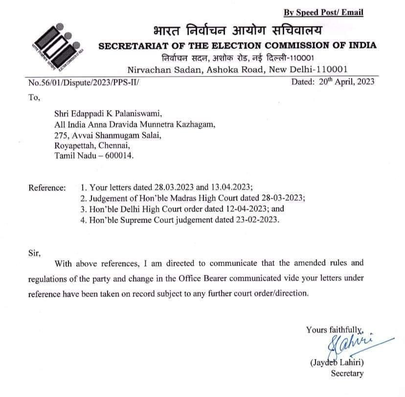 ECI accepted Edappadi palanisamy as admk GS