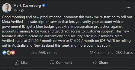 meta announces paid blue verification