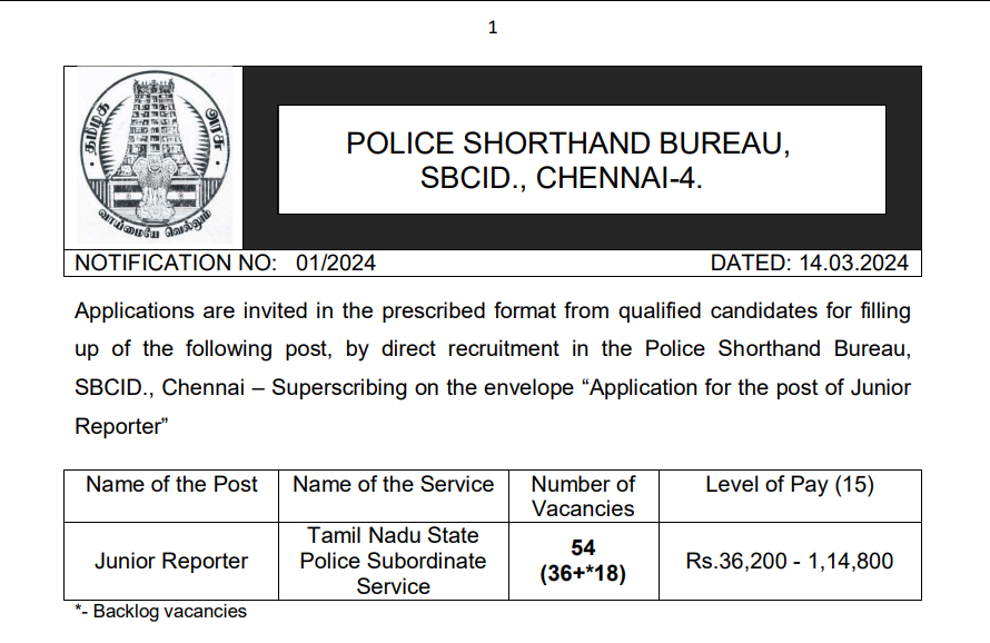 TN Police Junior Reporter Recruitment 2024