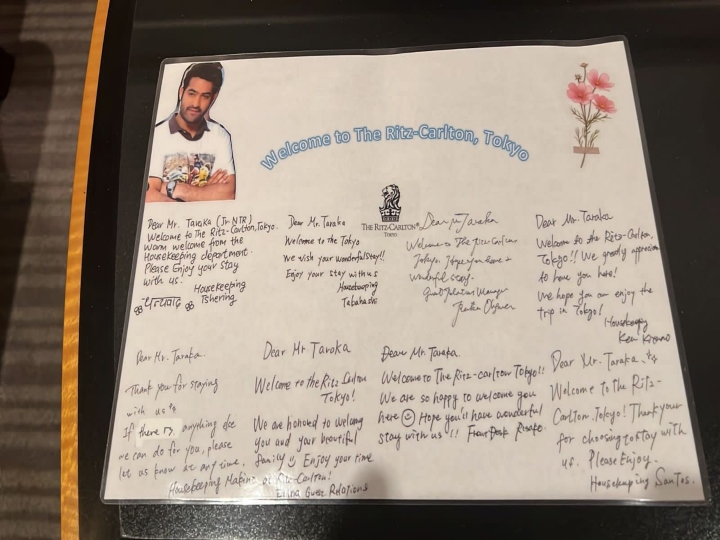 ntr gets a heartwarming welcome form hote staff in japan