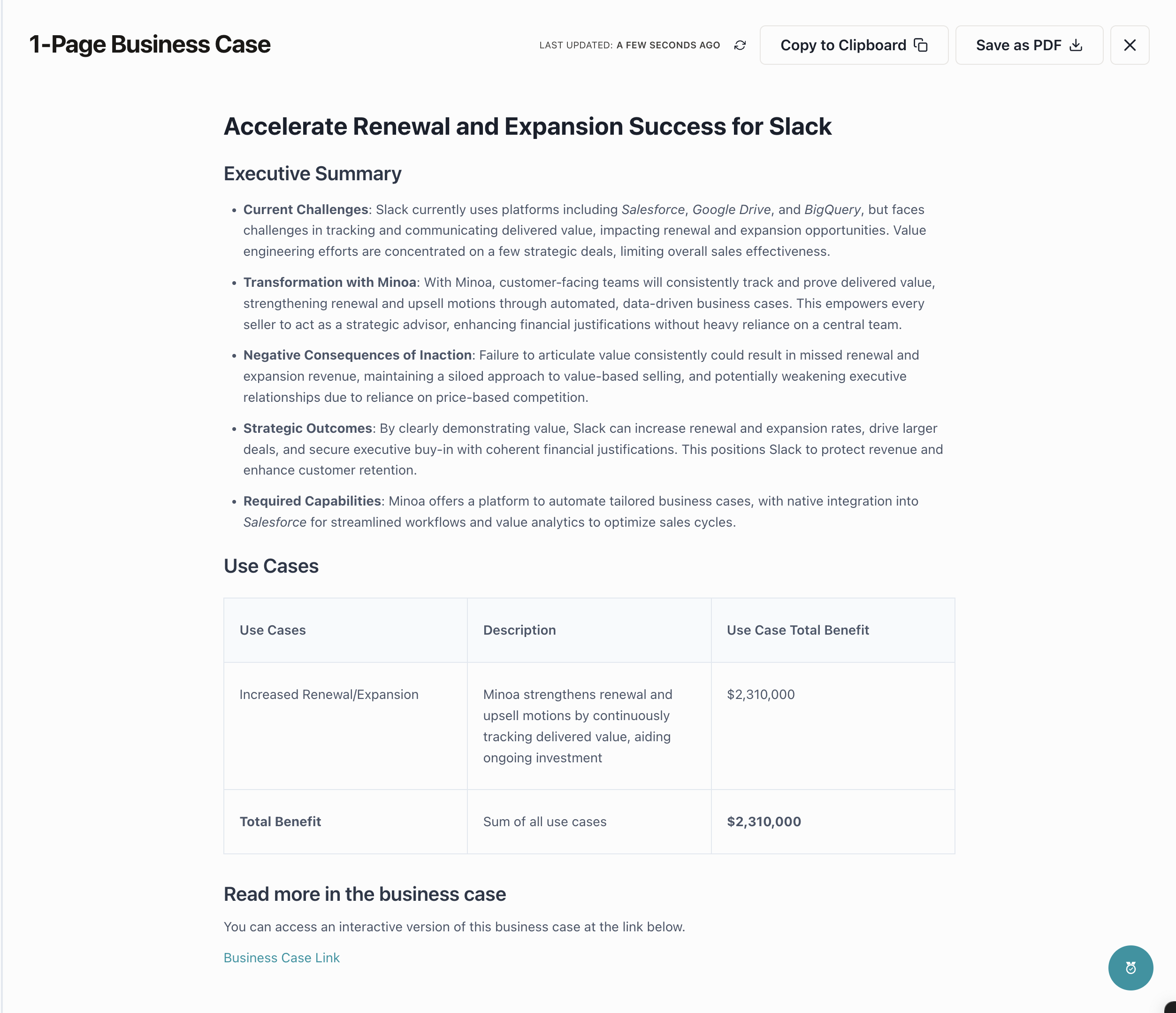 Building a basic business case - Minoa Documentation