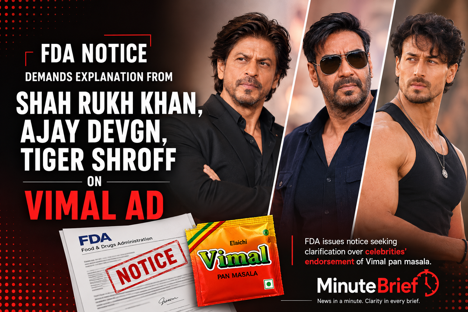 FDA notice demands explanation from Shah Rukh Khan, Ajay Devgn, Tiger Shroff on Vimal ad