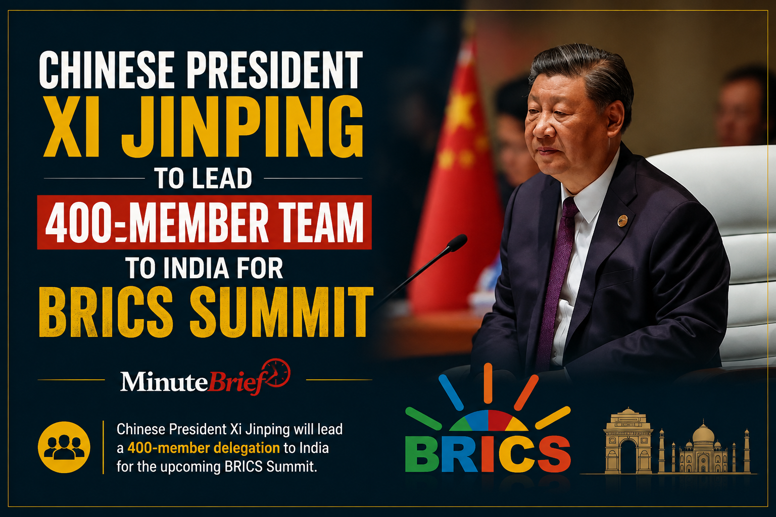 Chinese President Xi Jinping to Lead 400-Member Team to India for BRICS Summit