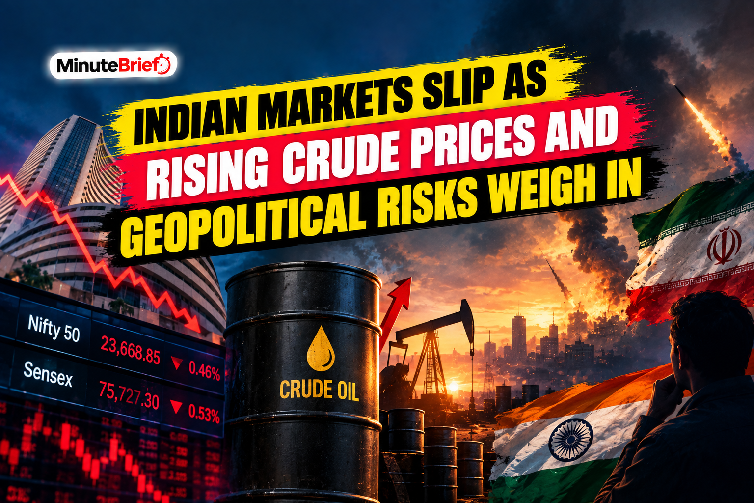 Indian Markets Slip as Rising Crude Prices and Geopolitical Risks Weigh In