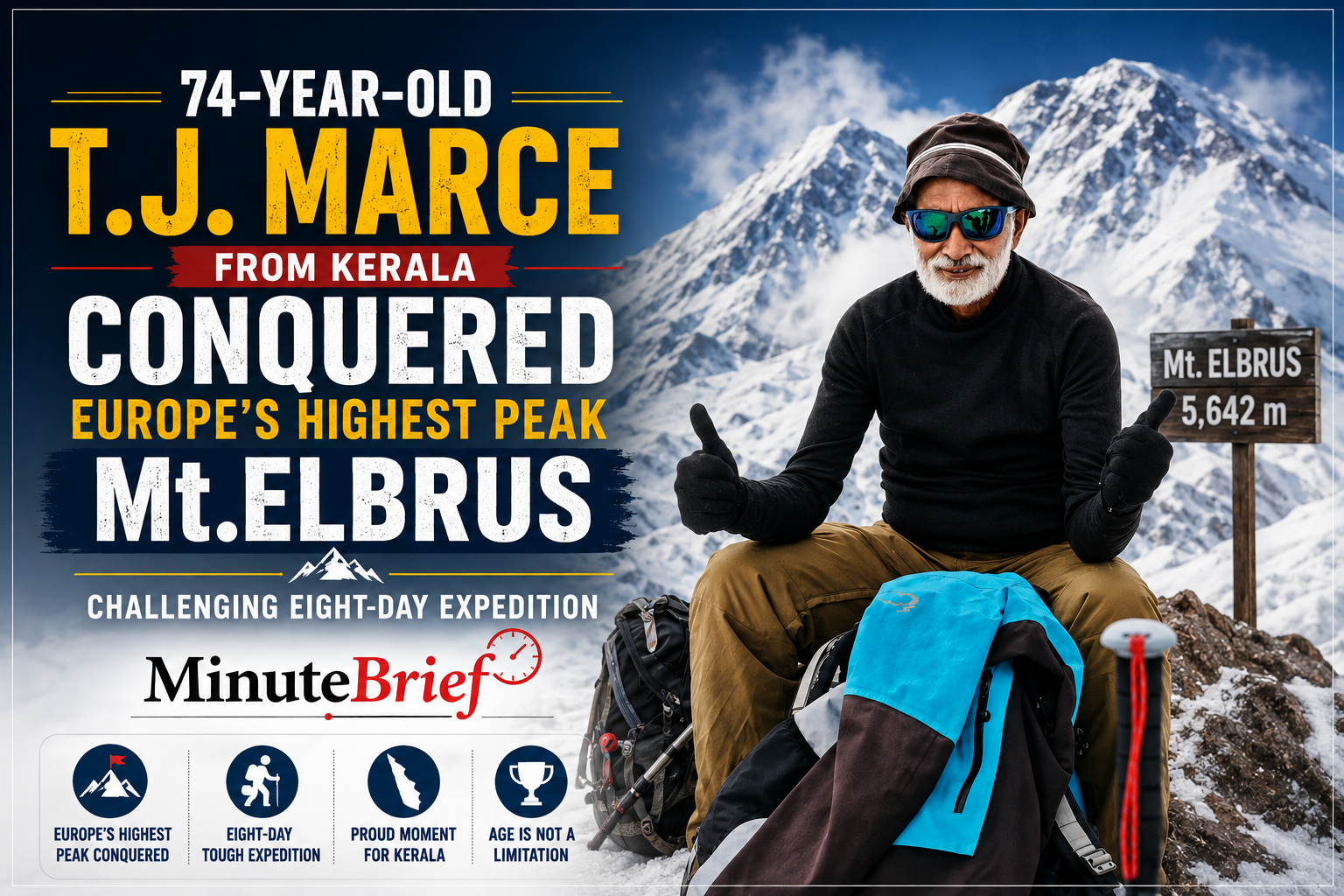 Elderly Mountaineer T.J. Marce From Kerala Reach Summit of Europe’s Tallest Mountain Mt. Elbrus