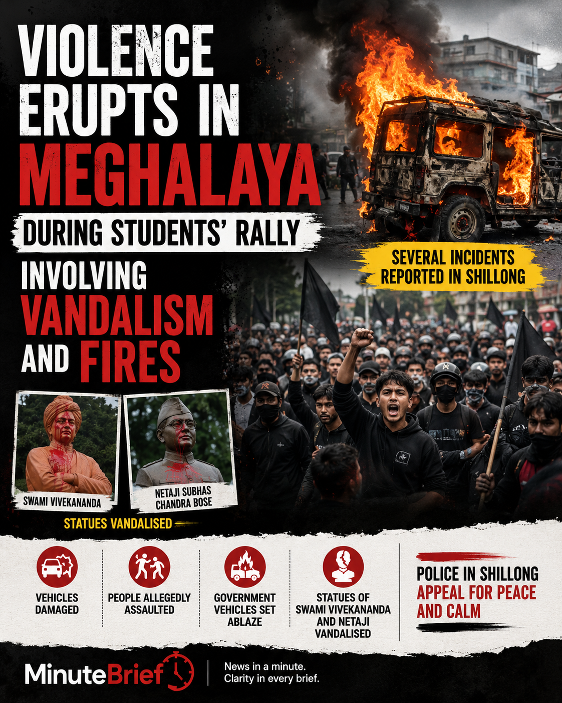 Violence Erupts in Meghalaya During Students' Rally Involving Vandalism and Fires