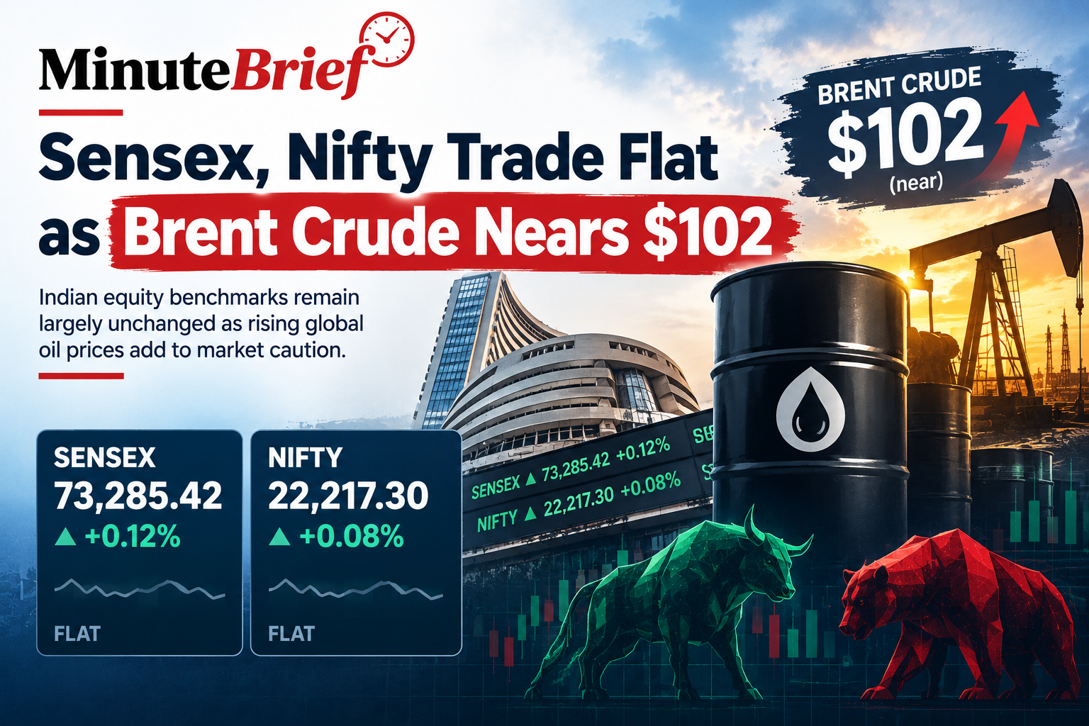 Sensex, Nifty trade flat as Brent crude nears $102