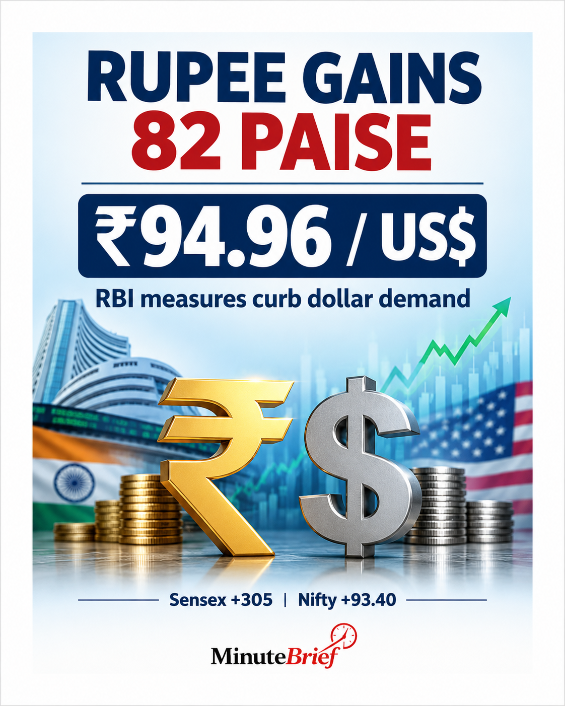 Rupee rises 82 paise to 94.96 against US dollar in early trade