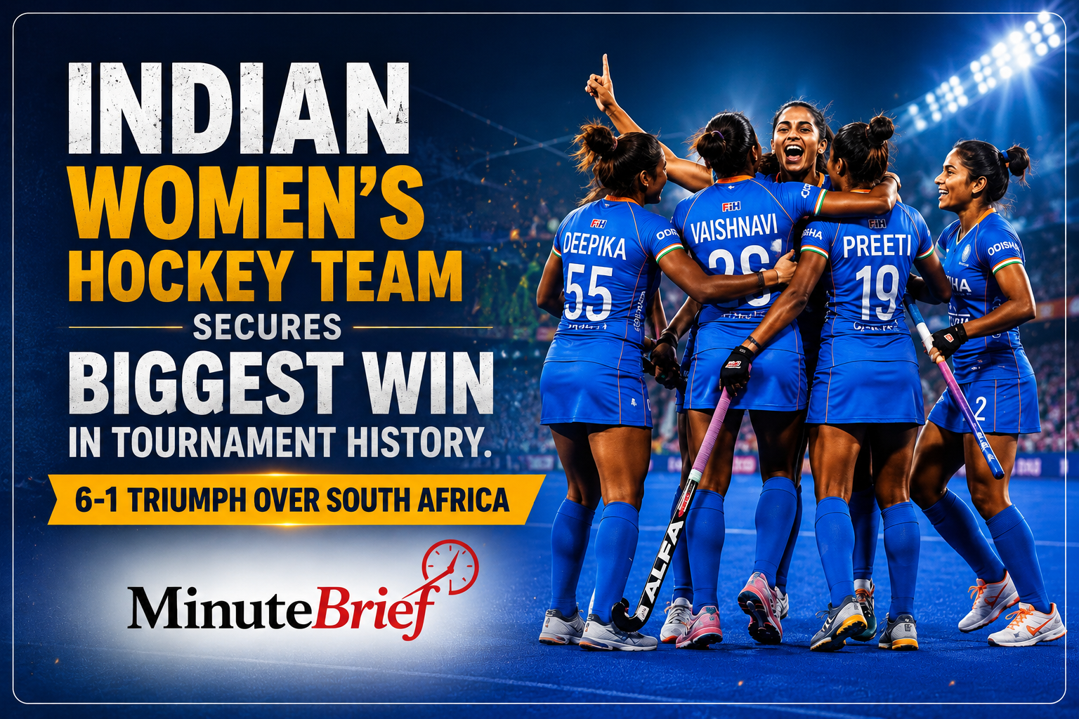 Indian Women's Hockey Team Secures Biggest Win in Tournament History with 6-1 Triumph Over South Africa