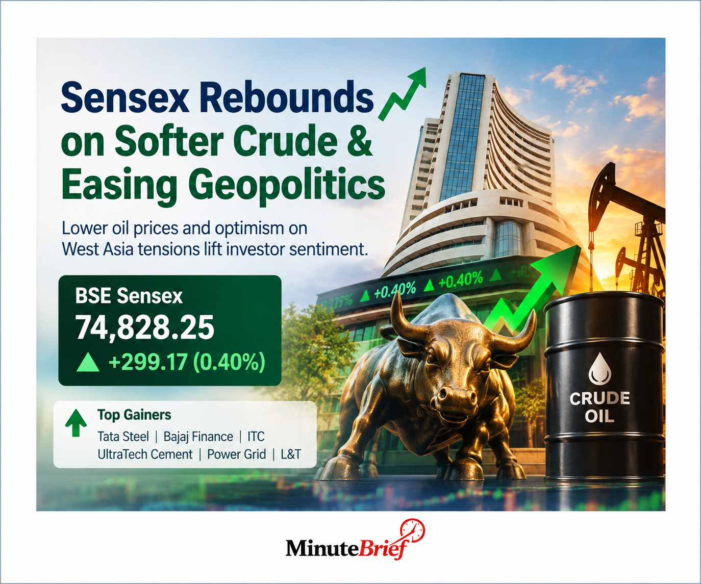 Stock markets rebound as crude oil prices ease; Sensex rises 299 points