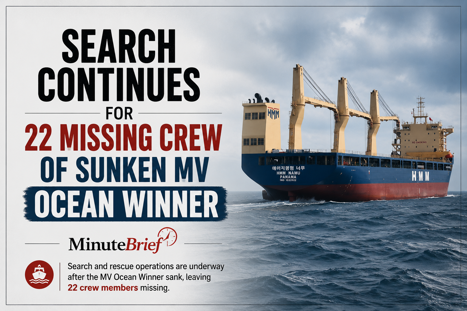 Search continues for 22 missing crew of sunken MV Ocean Winner
