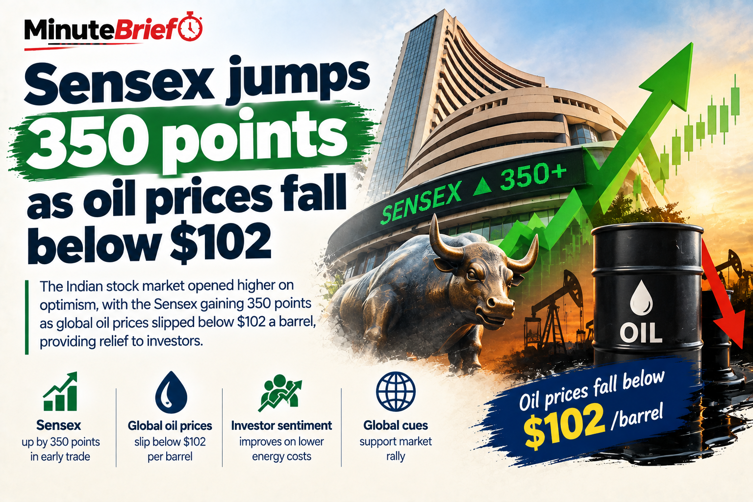 Sensex jumps 350 points as oil prices fall below $102
